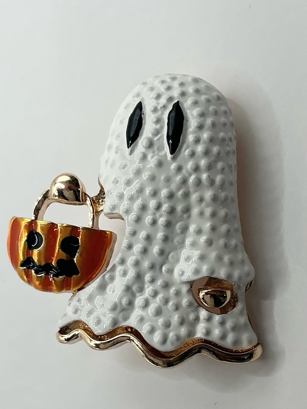 TEXTURED GOLD TONE ENAMELED GHOST PUMPKIN BUCKET BAG BROOCH NWOT